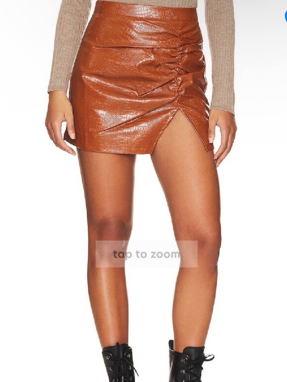 superdown Tan Faux Leather Ruched Mini Skirt with Front Slit